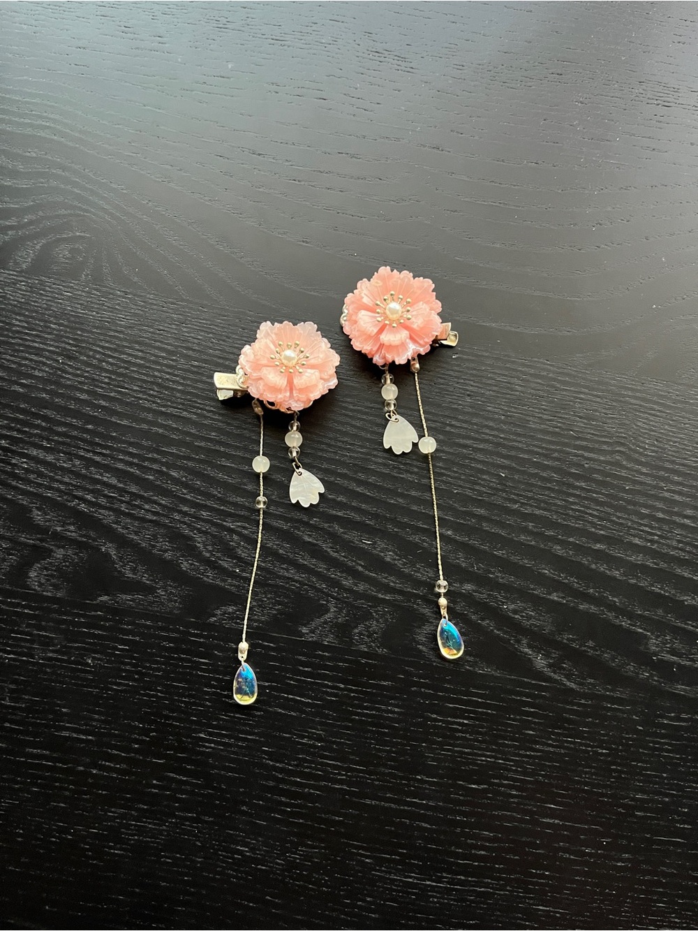 Pink Floral Tassel Hair Clips with Pearl and Teardrop Charms 2pc Set - Picture 15 of 15